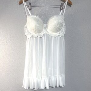 Cinema Etoile XL White Lace Sheer Babydoll Chemise lingerie Bra Support Bride